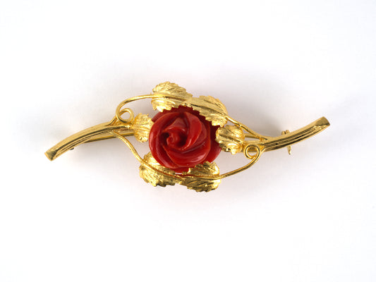 24256 - SOLD - Circa 1950s Gold Coral Carved Rose Bud Floral Leaf Branch Pin