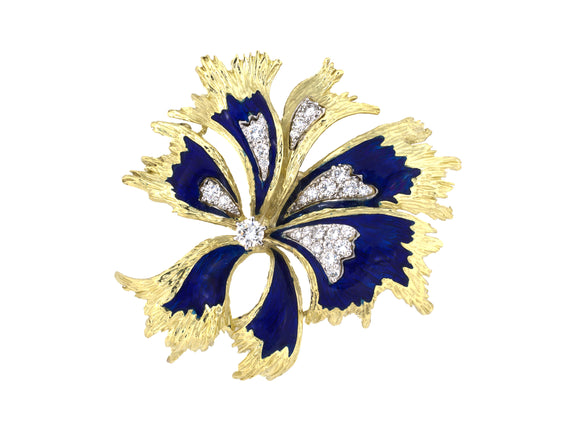 24257 - La Triomphe Gold Diamond Blue Enamel Flower Pin