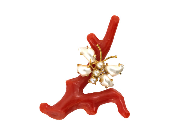24259 - Circa 1960s Sterling Silver Coral Branch Pearl Butterfly Pin