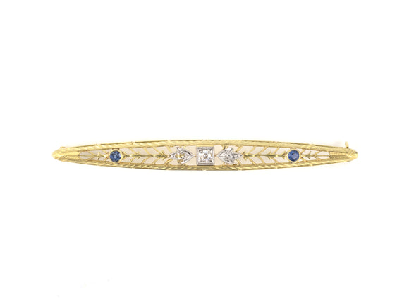 24260 - Art Deco Gold Diamond Sapphire Filigree Bar Pin