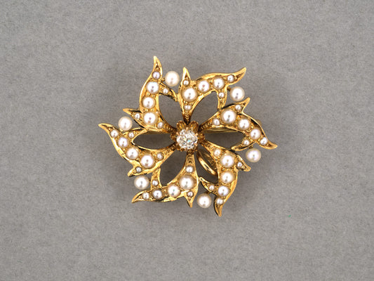 24261 - Victorian Gold Diamond Pearl Floral Pin Pendant