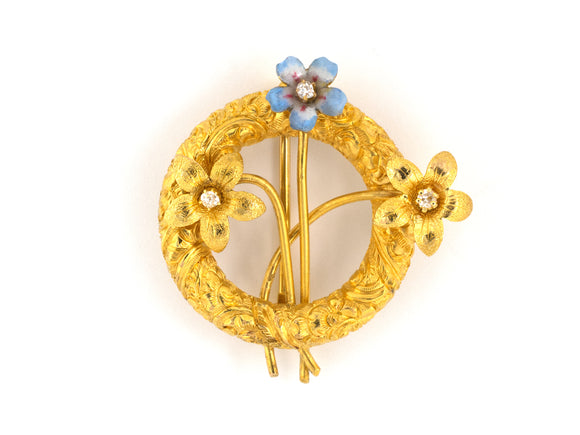 24262 - Victorian Gold Diamond Blue White Enamel Carved Floral Wreath Pin