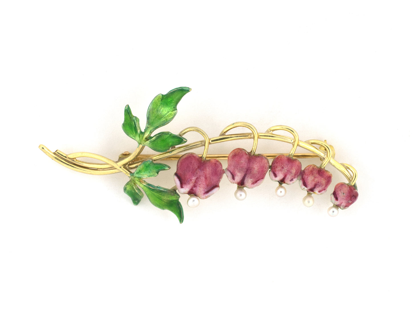 24264 - Art Nouveau Krementz Gold Pearl Pink White Green Enamel Bleeding Heart Flower Pin