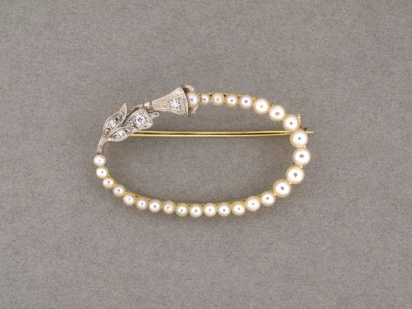 24265 - Art Nouveau Edwardian Platinum Gold Diamond Pearl Floral Oval Pin