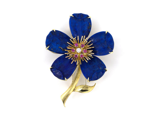 24269 - Gumps Emis Gold Lapis Ruby Diamond Flower Pin
