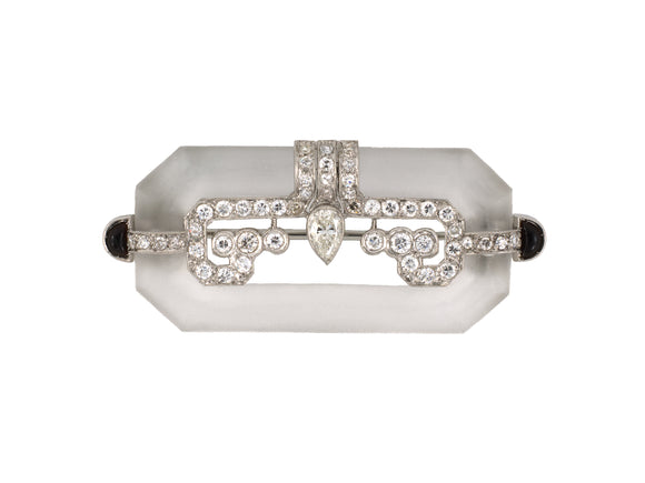 24272 - Art Deco Platinum Diamond Onyx Frosted Crystal Hexagonal Pin
