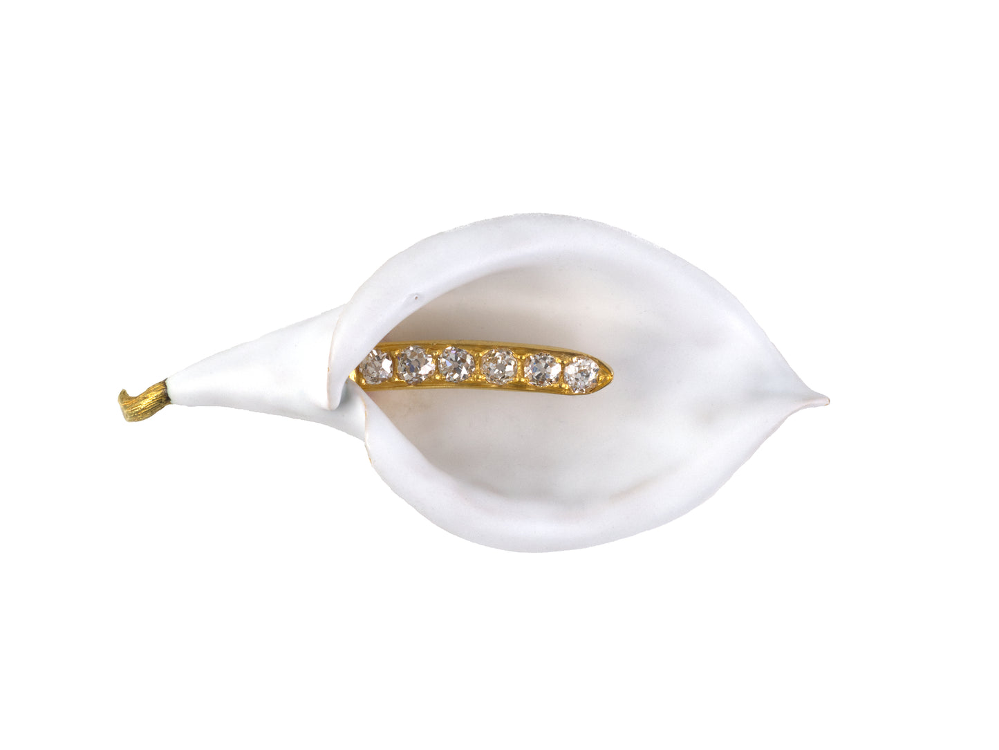 24273 - SOLD - Victorian Gold Diamond White Enamel Arum/Calla Lily Pin