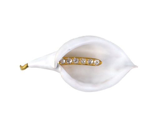 24273 - SOLD - Victorian Gold Diamond White Enamel Arum/Calla Lily Pin