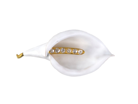 24273 - Victorian Gold Diamond White Enamel Arum/Calla Lily Pin