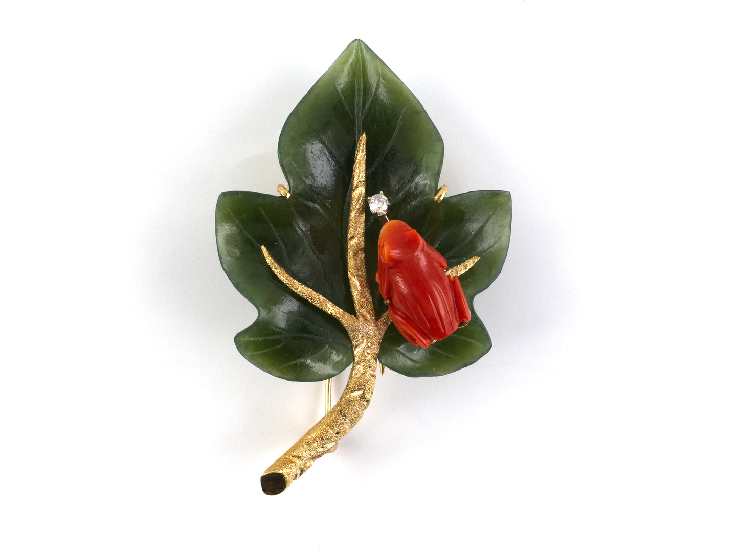 24275 - Circa 1960s Gold Diamond Nephrite Coral Carved Frog, Leaf & Branch Pin