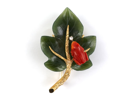 24275 - Circa 1960s Gold Diamond Nephrite Coral Carved Frog, Leaf & Branch Pin