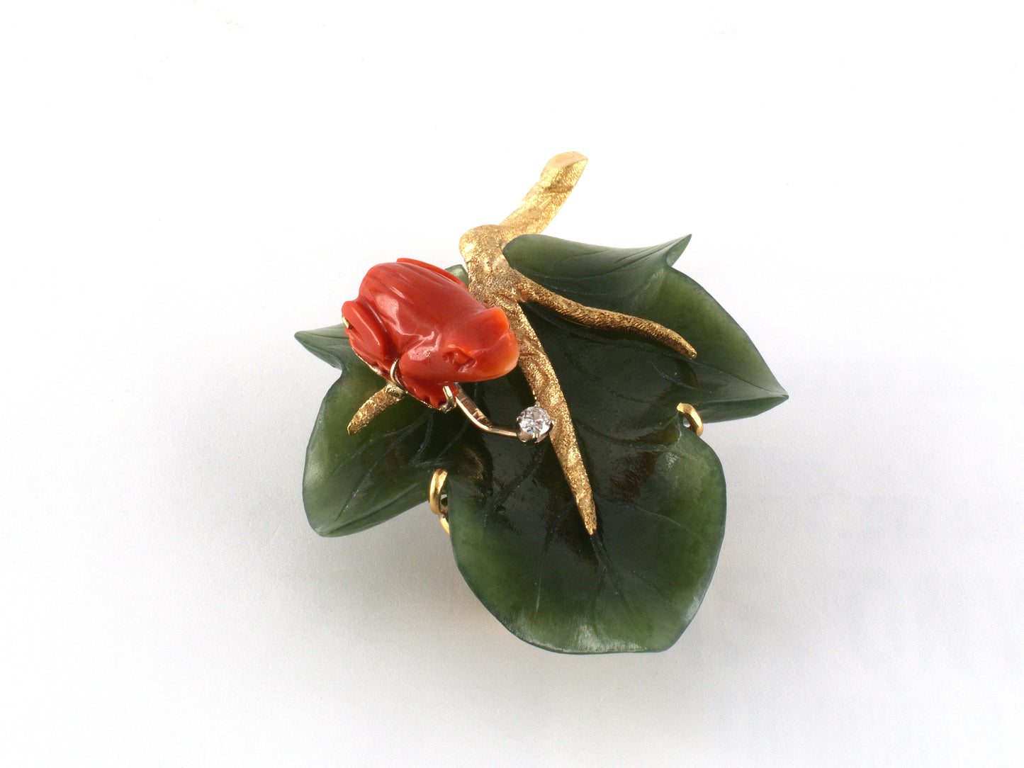 24275 - Circa 1960s Gold Diamond Nephrite Coral Carved Frog, Leaf & Branch Pin