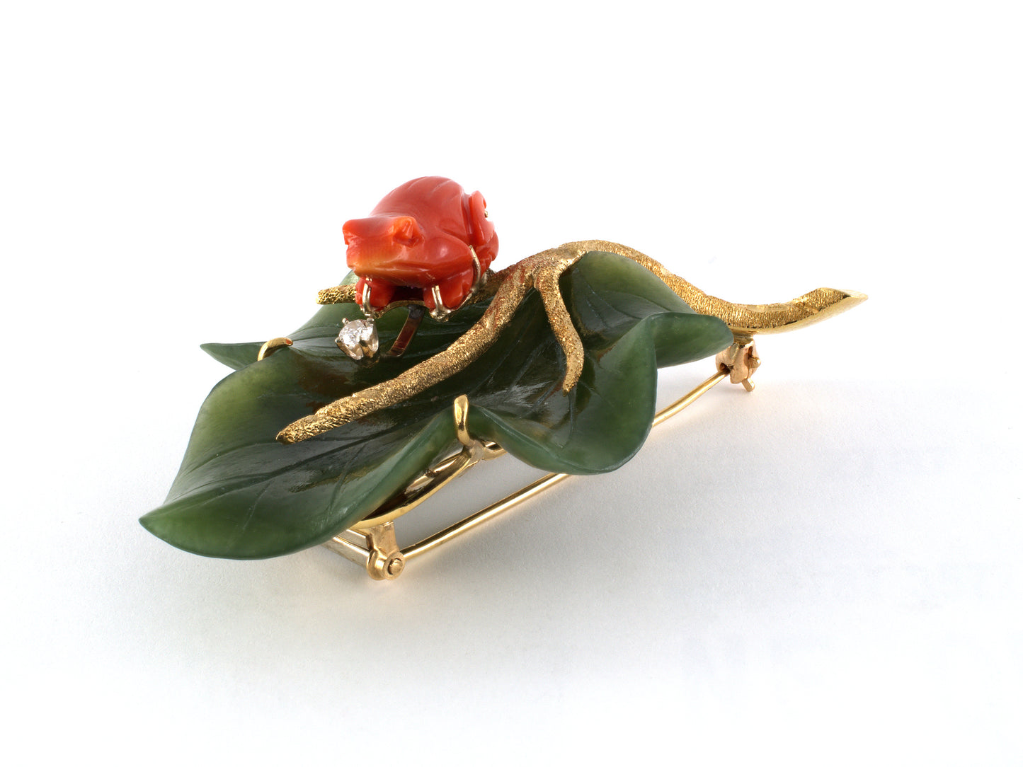 24275 - Circa 1960s Gold Diamond Nephrite Coral Carved Frog, Leaf & Branch Pin