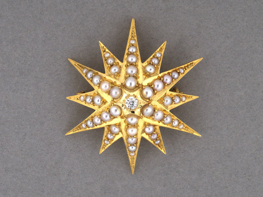 24276 - Victorian Gold 1/2-Pearl Diamond Starburst Pin