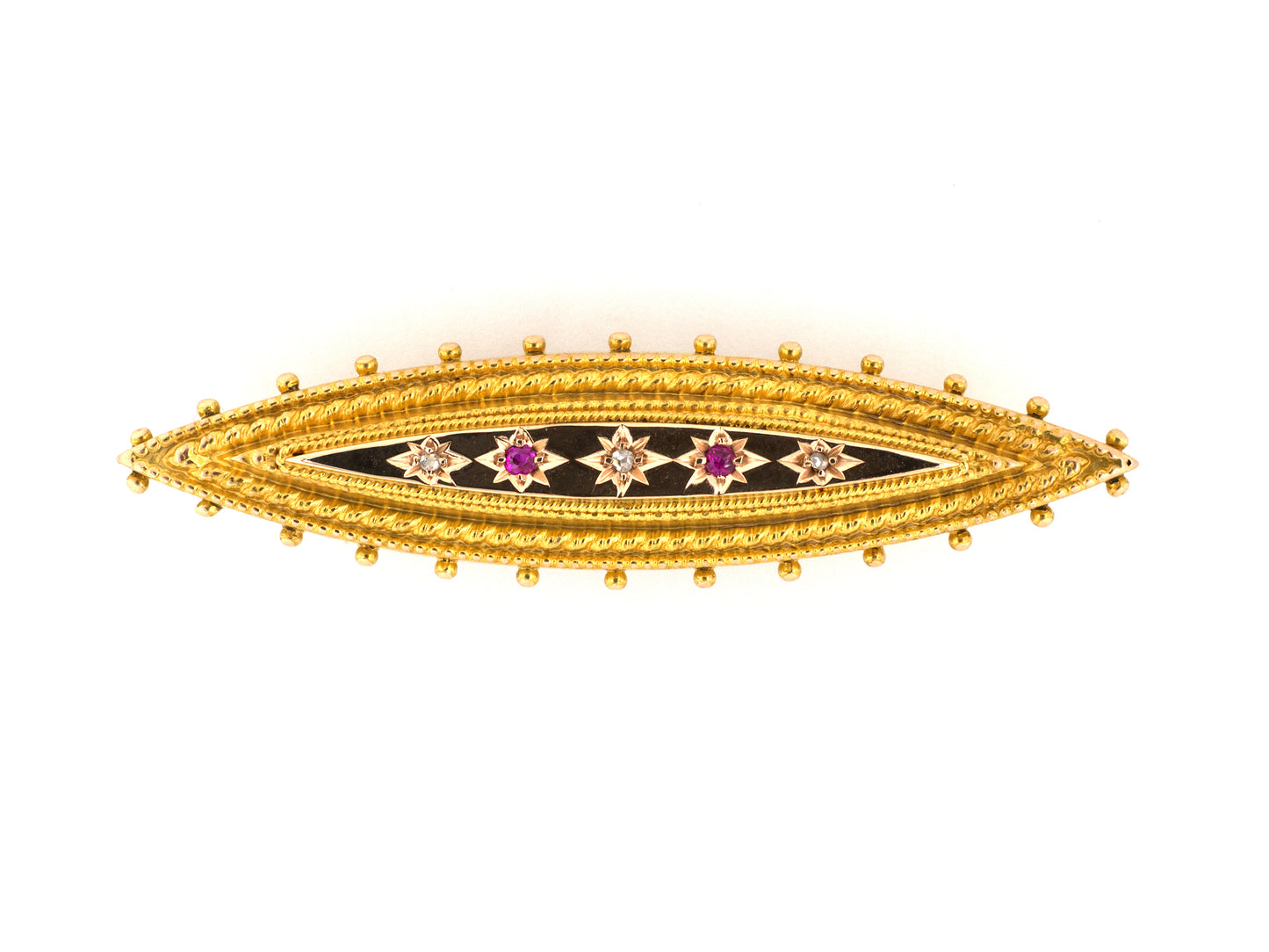 24277 - Victorian Etruscan Revival English Gold Diamond Ruby Star Rope Border Millgrain Beaded Edge Pin