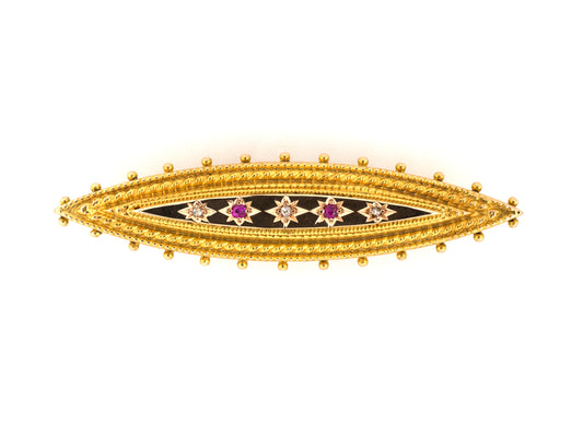 24277 - Victorian Etruscan Revival English Gold Diamond Ruby Star Rope Border Millgrain Beaded Edge Pin