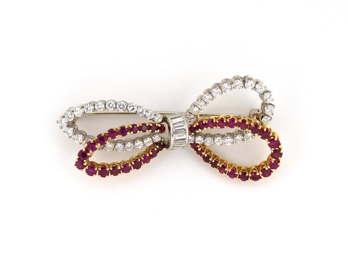 24279 - Circa 1950s Platinum Gold Diamond Ruby Bow Pin