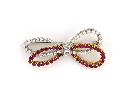 24279 - Circa 1950s Platinum Gold Diamond Ruby Bow Pin