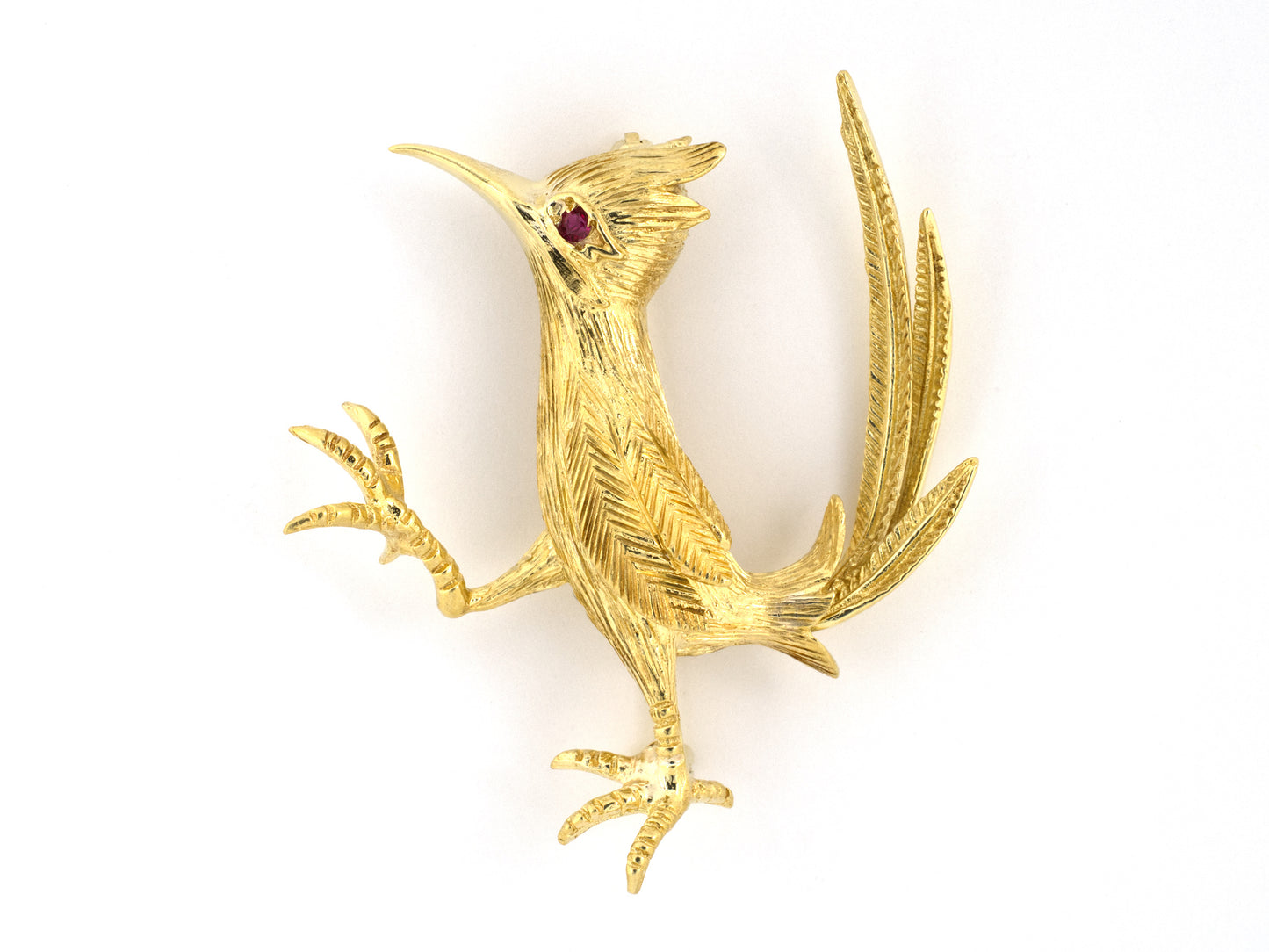 24280 - Circa 1960s Honora Gold Ruby Carved Roadrunner Pin w/ Articulated Movement