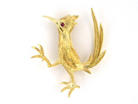 24280 - Circa 1960s Honora Gold Ruby Carved Roadrunner Pin w/ Articulated Movement
