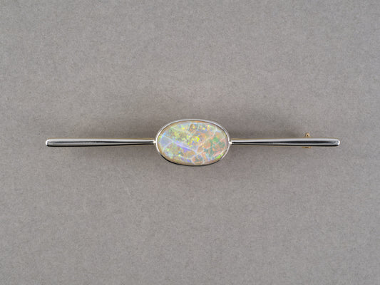 24283 - Edwardian Platinum Gold Bezel Set Opal Bar Pin