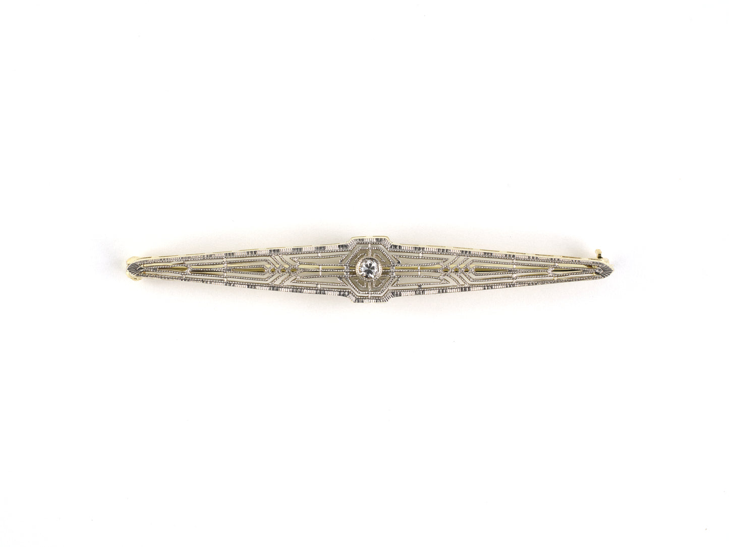 24285 - Edwardian Platinum Gold Diamond Geometric Open Work Bar Pin