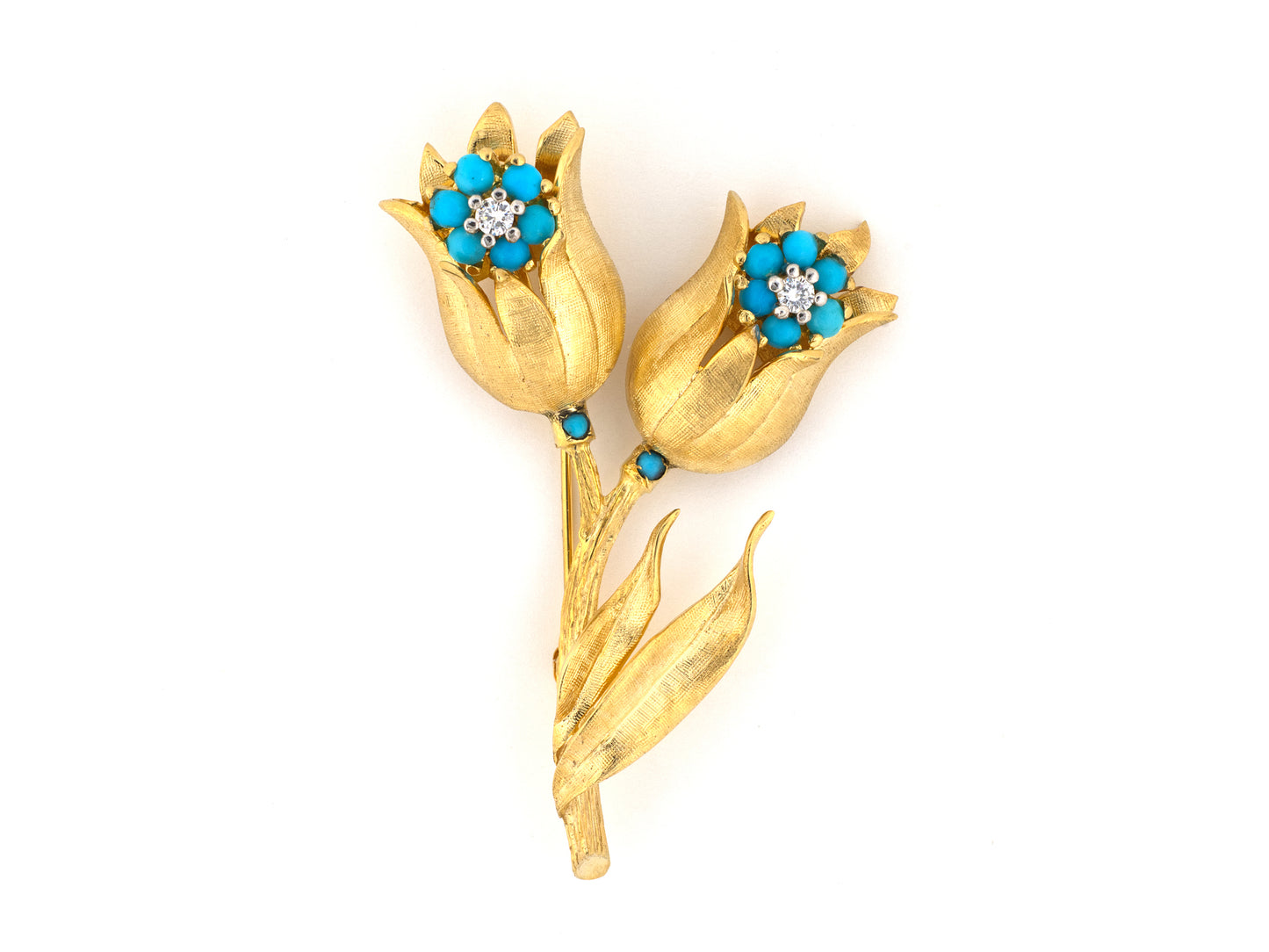 24287 - Circa 1950s Gold Turquoise Diamond Carved Tulip Pin