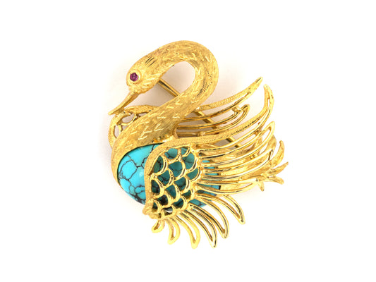 24295 - Circa 1960s Italy Gold Turquoise Ruby Carved Swan Pin
