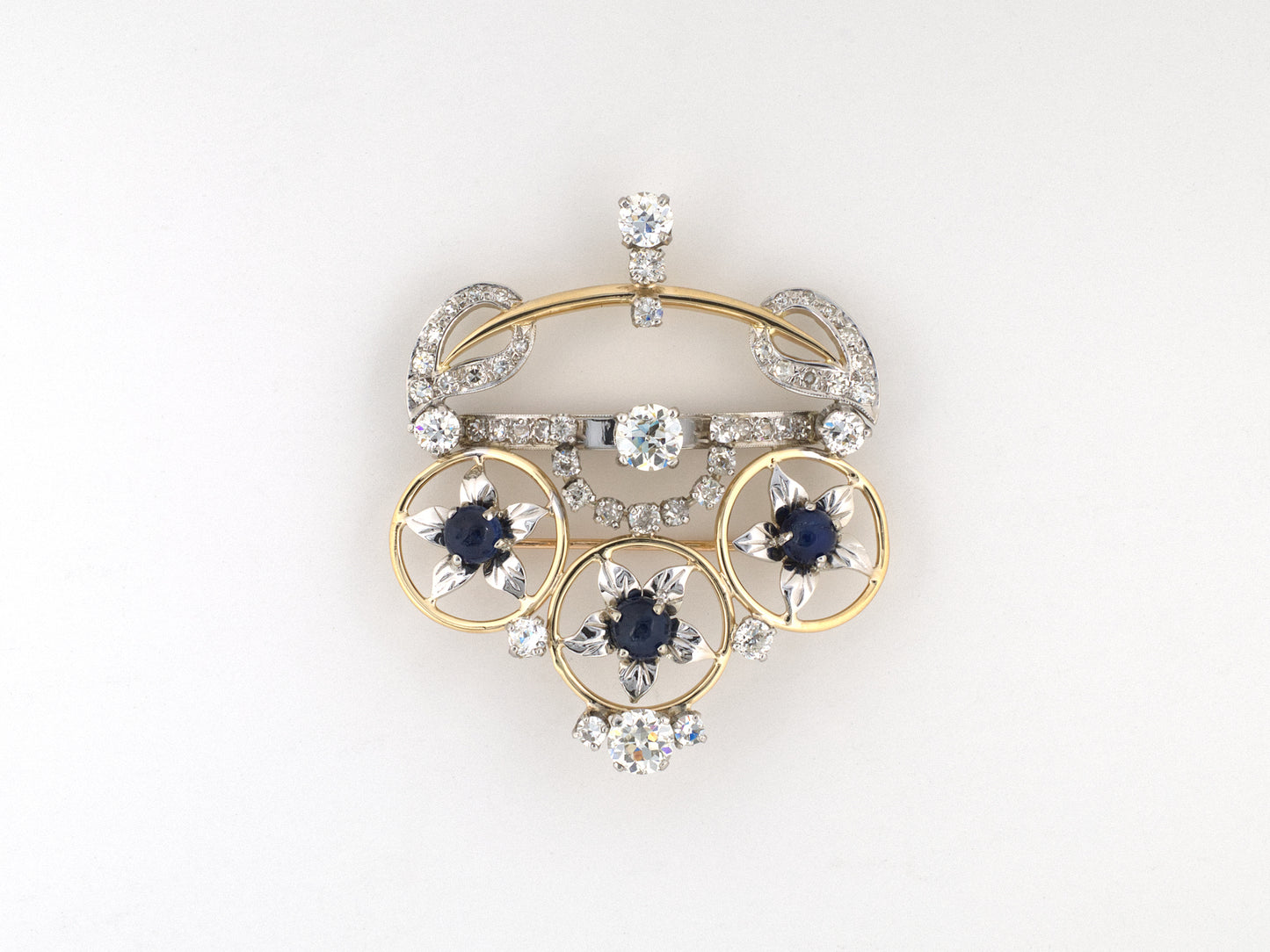 24306 - Circa 1950s Gold Platinum Diamond Sapphire Floral Crown Pin w/ Pendant Hook
