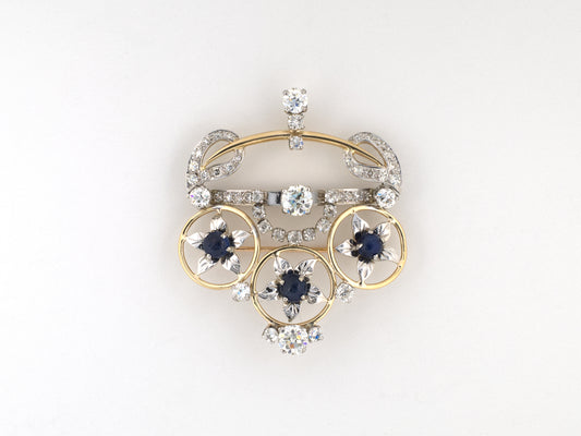 24306 - Circa 1950s Gold Platinum Diamond Sapphire Floral Crown Pin w/ Pendant Hook