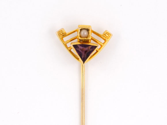 30692 - SOLD - Art Nouveau Gold Imitation Amethyst Pearl Stick Pin