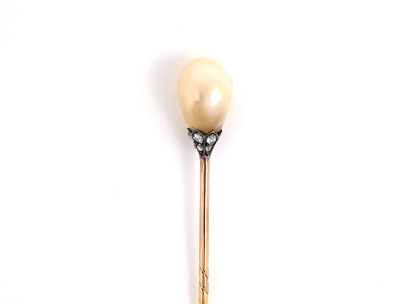 30732 - SOLD - Victorian Gold Silver Baroque Pearl Diamond Stick Pin