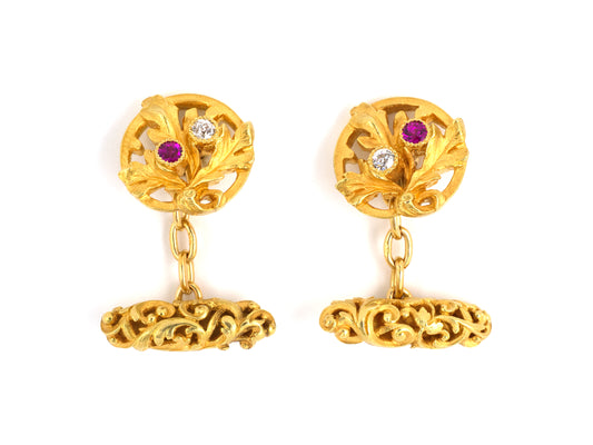 30873 - Art Nouveau Gold Diamond Ruby Leaf Cuff Links