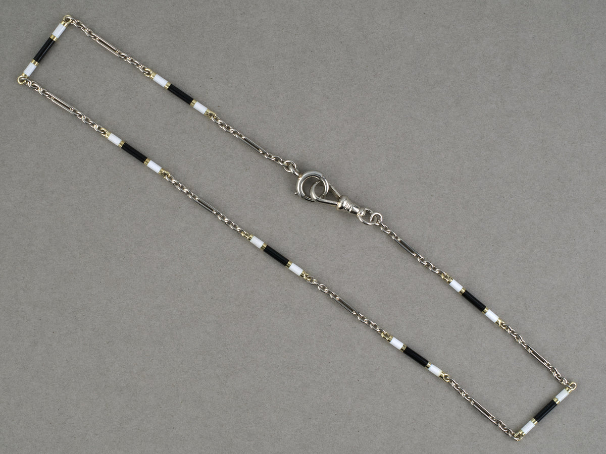 31069 - 14k Yg Wg White And Black Enamel Alternating Cable Chain And Barrel Links Pocket Watch Chain With Swivel Hook And