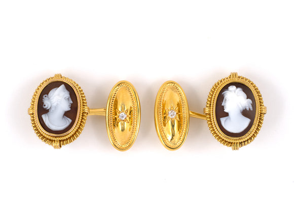 31157 - SOLD - Gold Diamond Shell Cameo Cuff Links