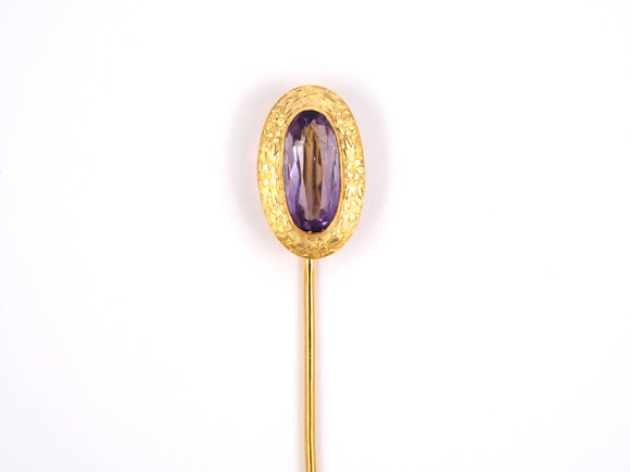 31315 - SOLD - Art Nouveau Gold Amethyst Carved Floral Frame Stick Pin