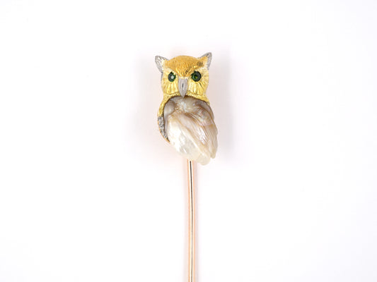 31326 - Art Nouveau Platinum Gold Tri-Color Demantoid Natural Baroque Pearl Carved Owl Stick Pin