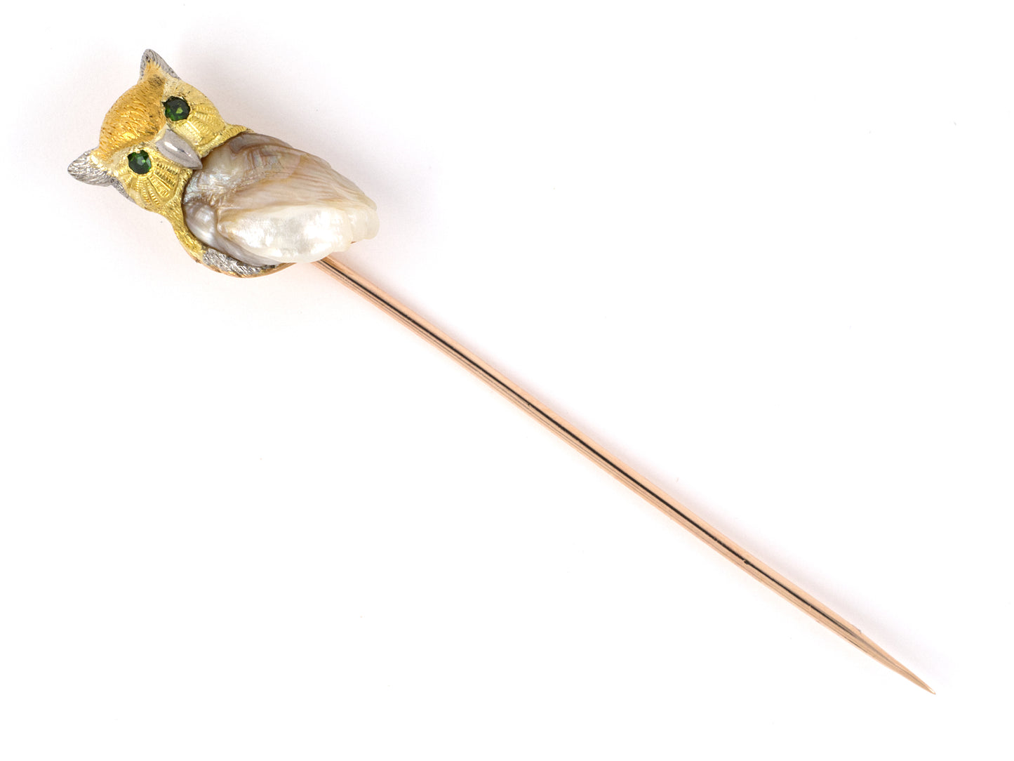 31326 - Art Nouveau Platinum Gold Tri-Color Demantoid Natural Baroque Pearl Carved Owl Stick Pin
