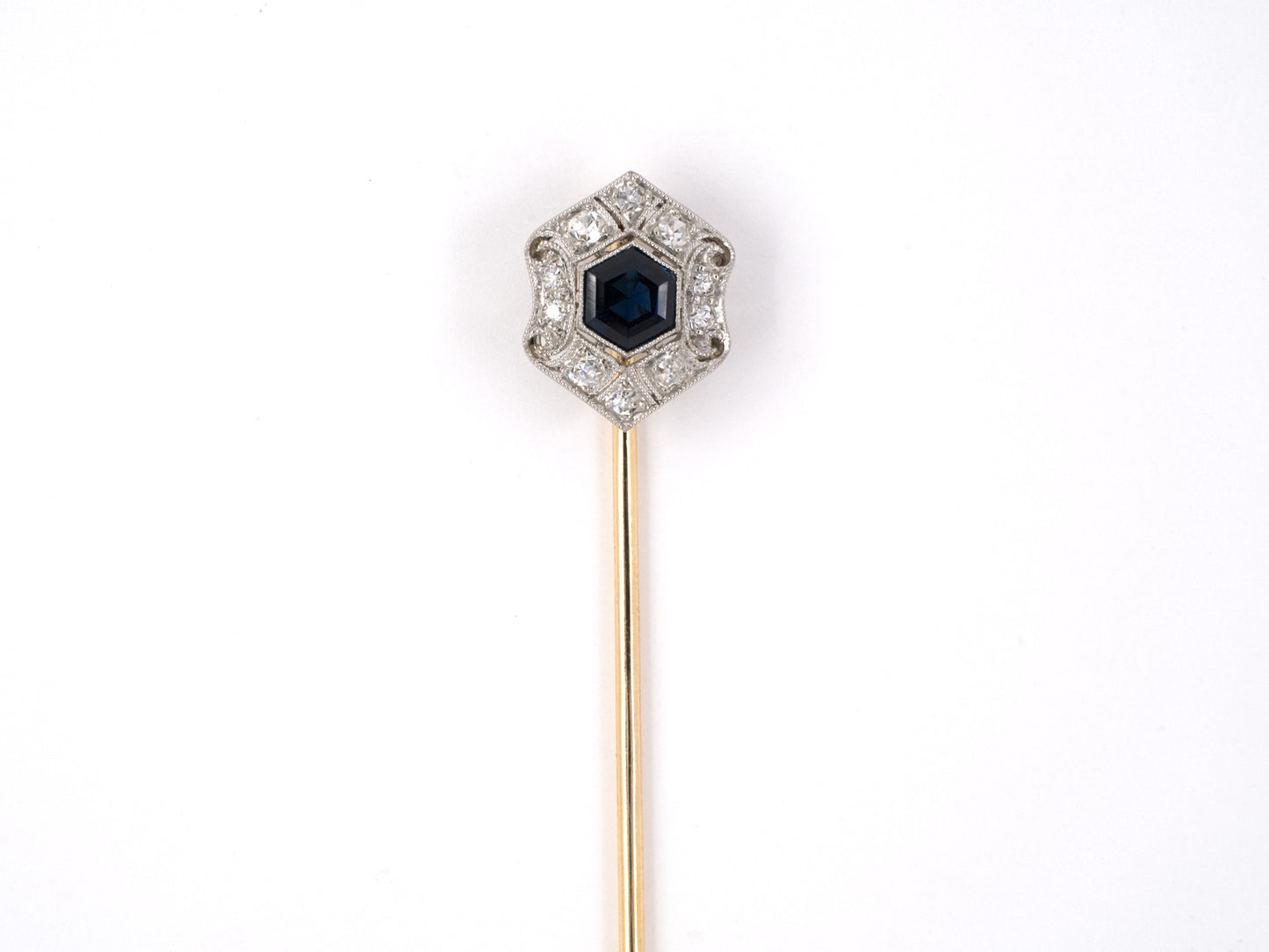 31334 - Circa 1915 Edwardian Art Deco Platinum Gold Sapphire Diamond Hexagon Shaped Stick Pin