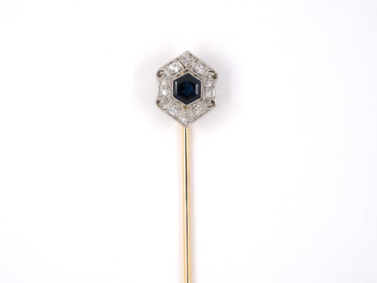 31334 - Circa 1915 Edwardian Art Deco Platinum Gold Sapphire Diamond Hexagon Shaped Stick Pin