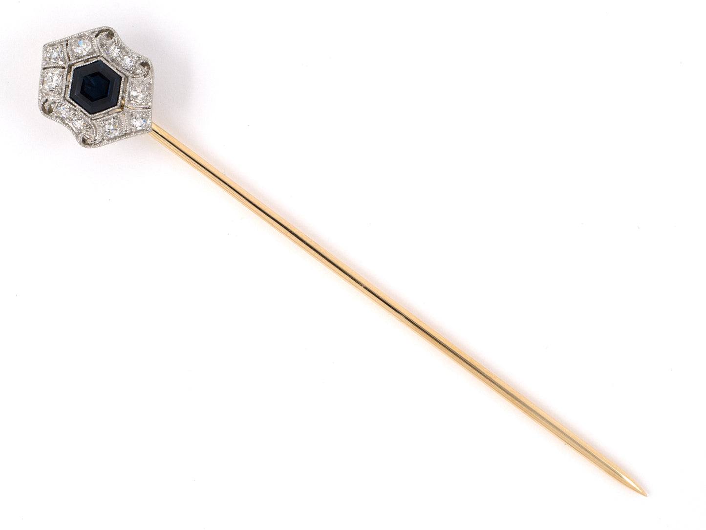 31334 - Circa 1915 Edwardian Art Deco Platinum Gold Sapphire Diamond Hexagon Shaped Stick Pin