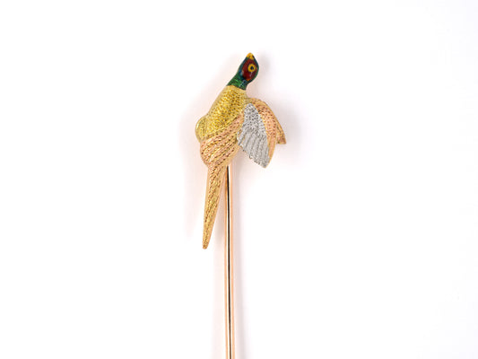 31335 - Victorian Platinum Gold Tri-Color Enamel Pheasant Bird Stick Pin