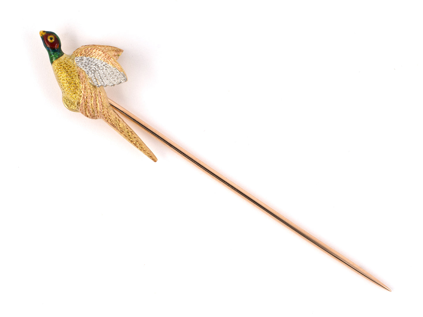 31335 - Victorian Platinum Gold Tri-Color Enamel Pheasant Bird Stick Pin