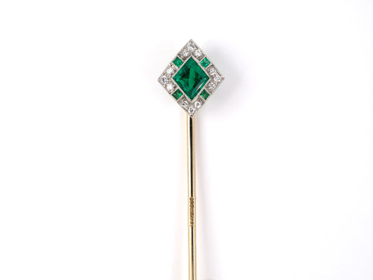 31336 - Art Deco Tiffany Platinum Gold Emerald Diamond Lozenge Shaped Stick Pin