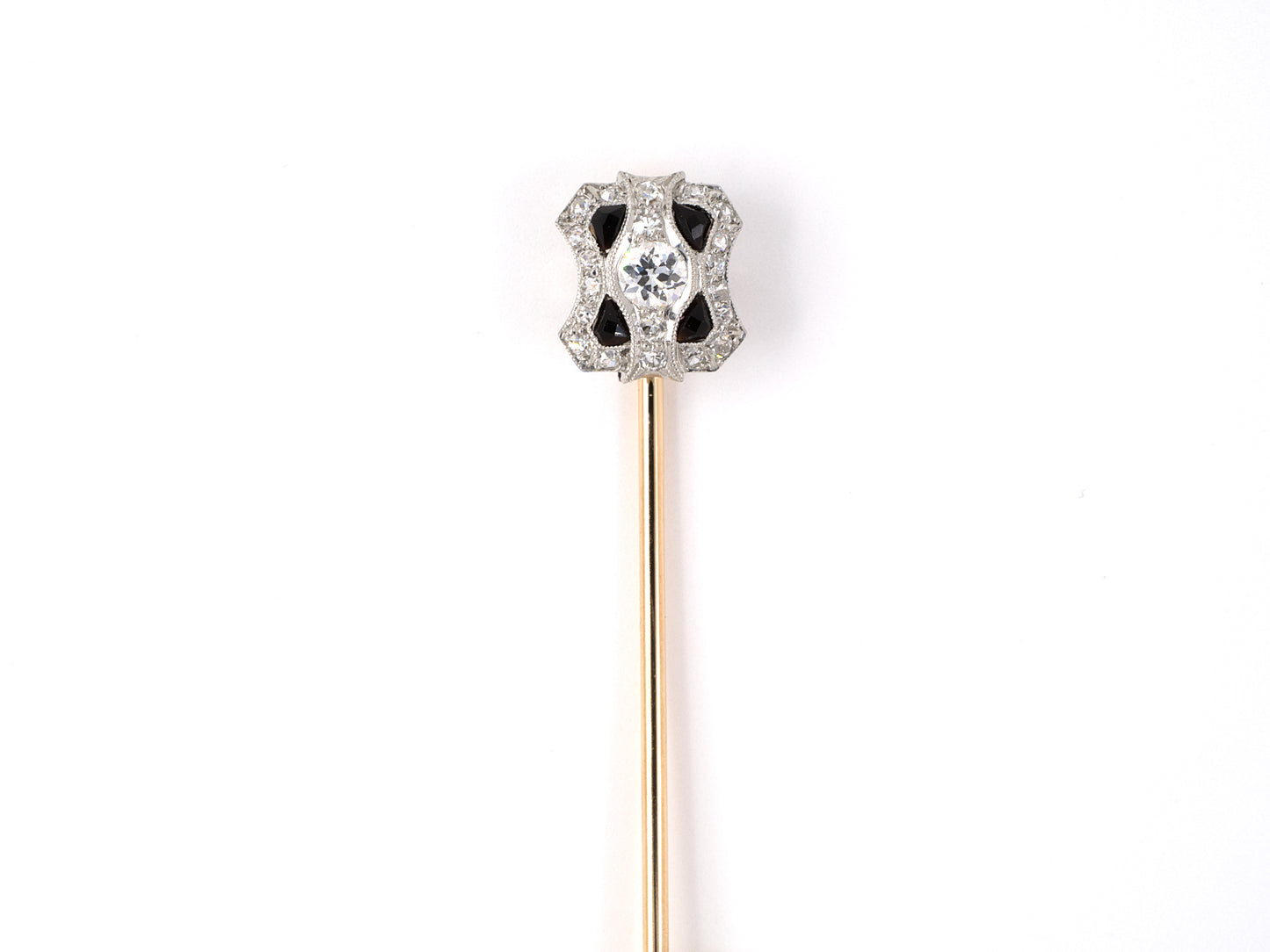 31337 - Art Deco Tiffany Platinum Gold Diamond Black Onyx Stick Pin