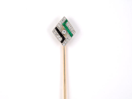 31339 - Art Deco Platinum Gold Diamond Emerald Onyx Lozenge Shape Stick Pin
