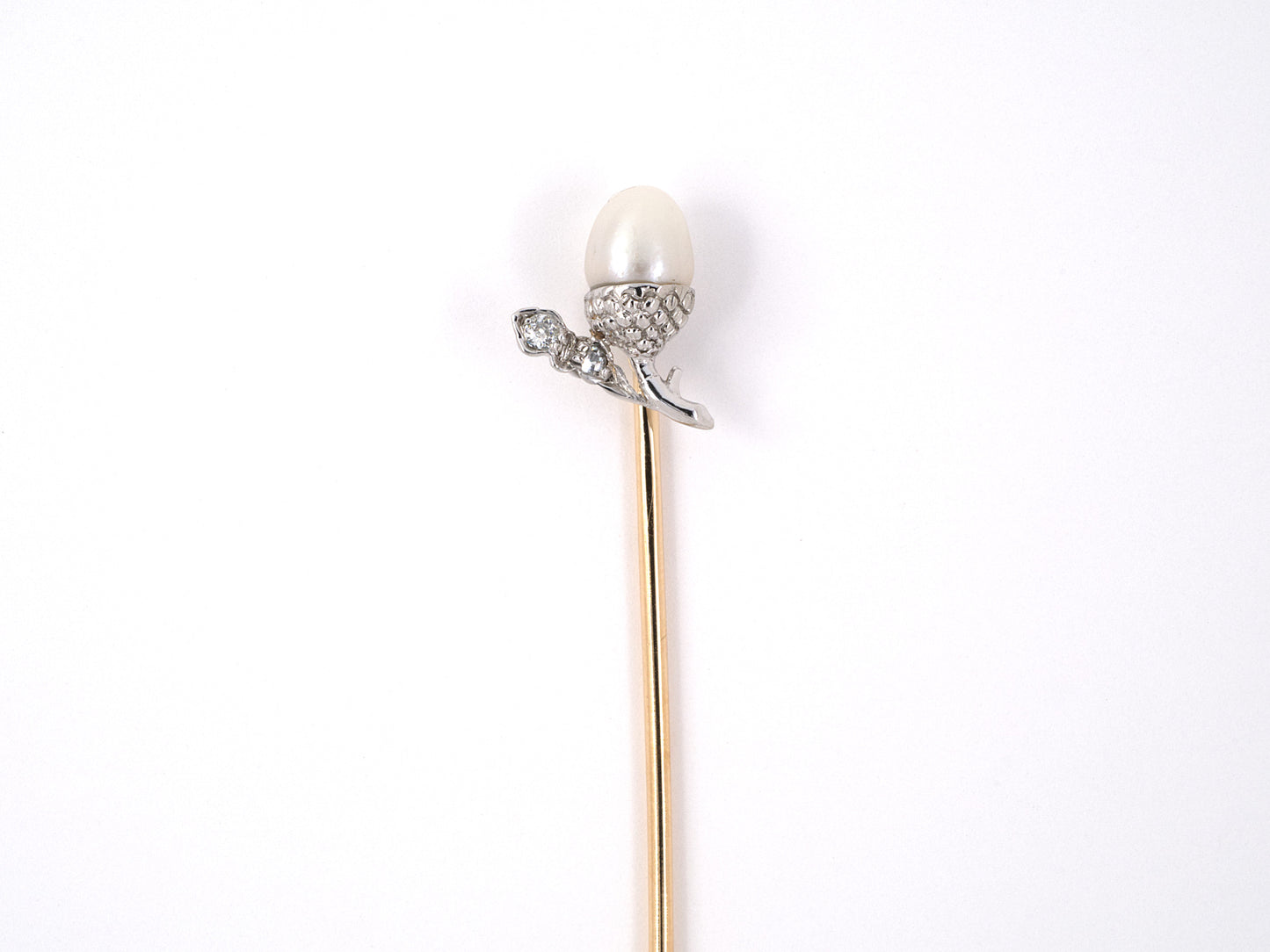 31342 - Edwardian Platinum Gold Diamond Pearl Acorn Stick Pin