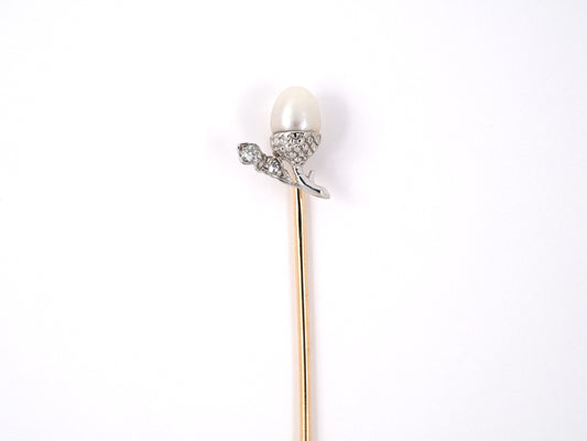 31342 - Edwardian Platinum Gold Diamond Pearl Acorn Stick Pin