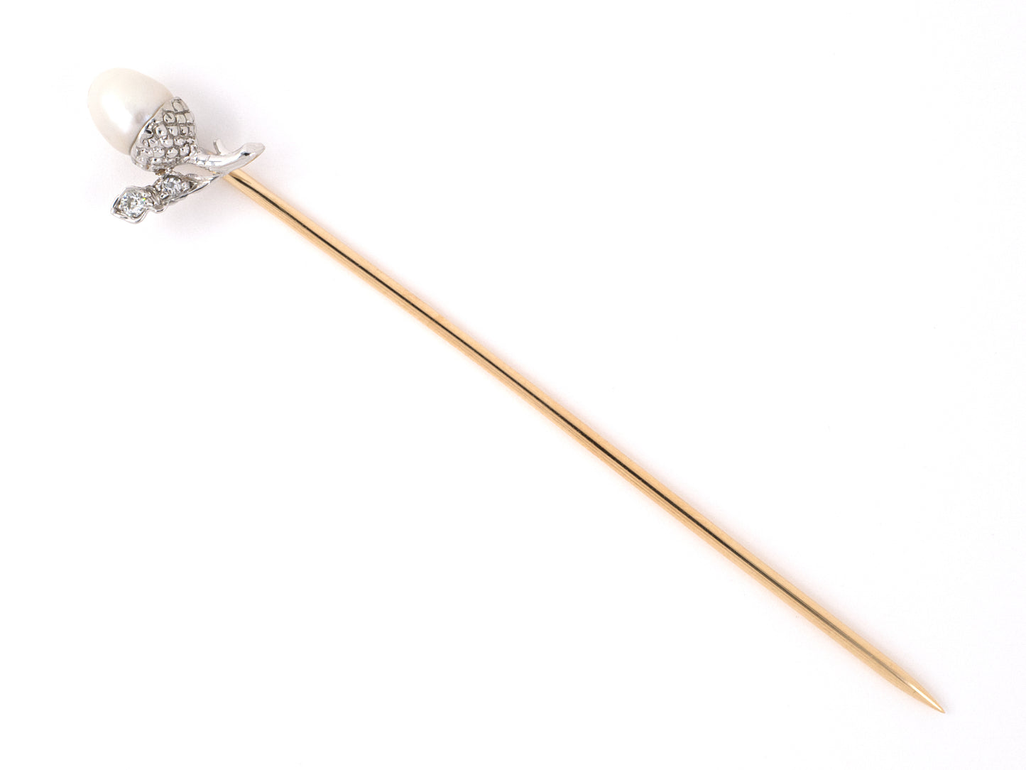 31342 - Edwardian Platinum Gold Diamond Pearl Acorn Stick Pin
