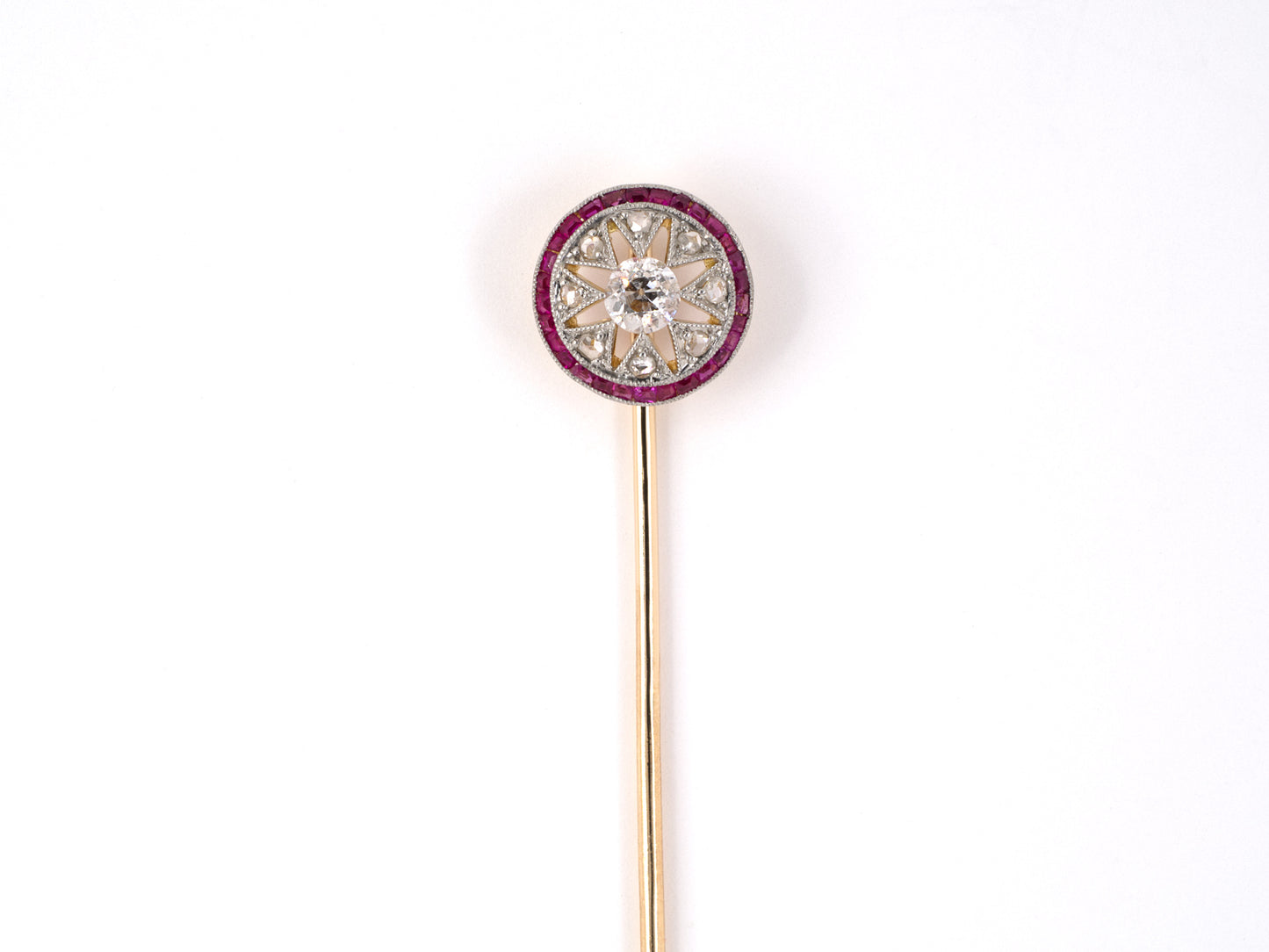 31343 - Edwardian Platinum Gold Diamond Ruby Open Starburst Design Stick Pin